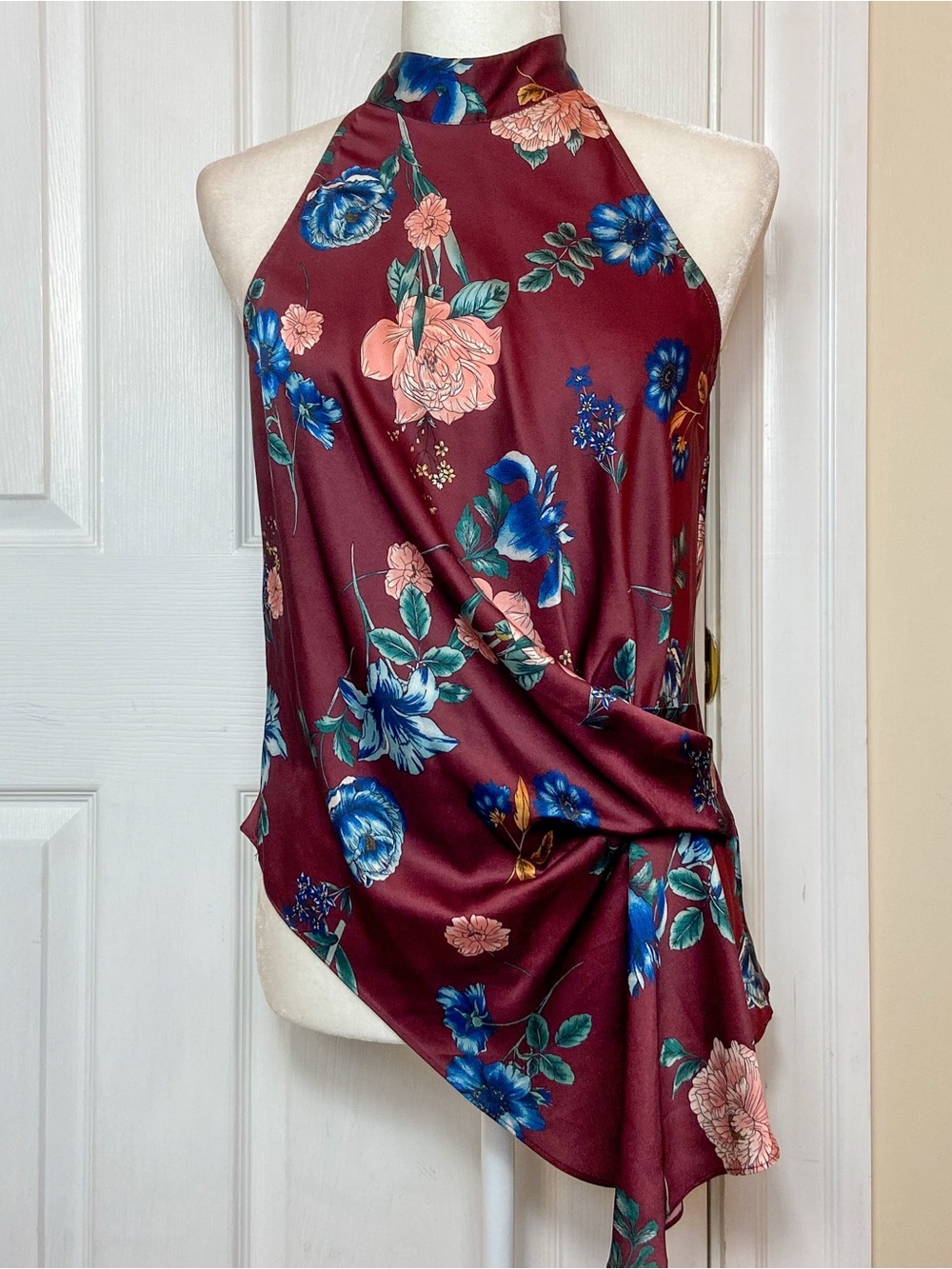 Floral Satin Tank Top in Burgundy with Blue & Pink Blooms